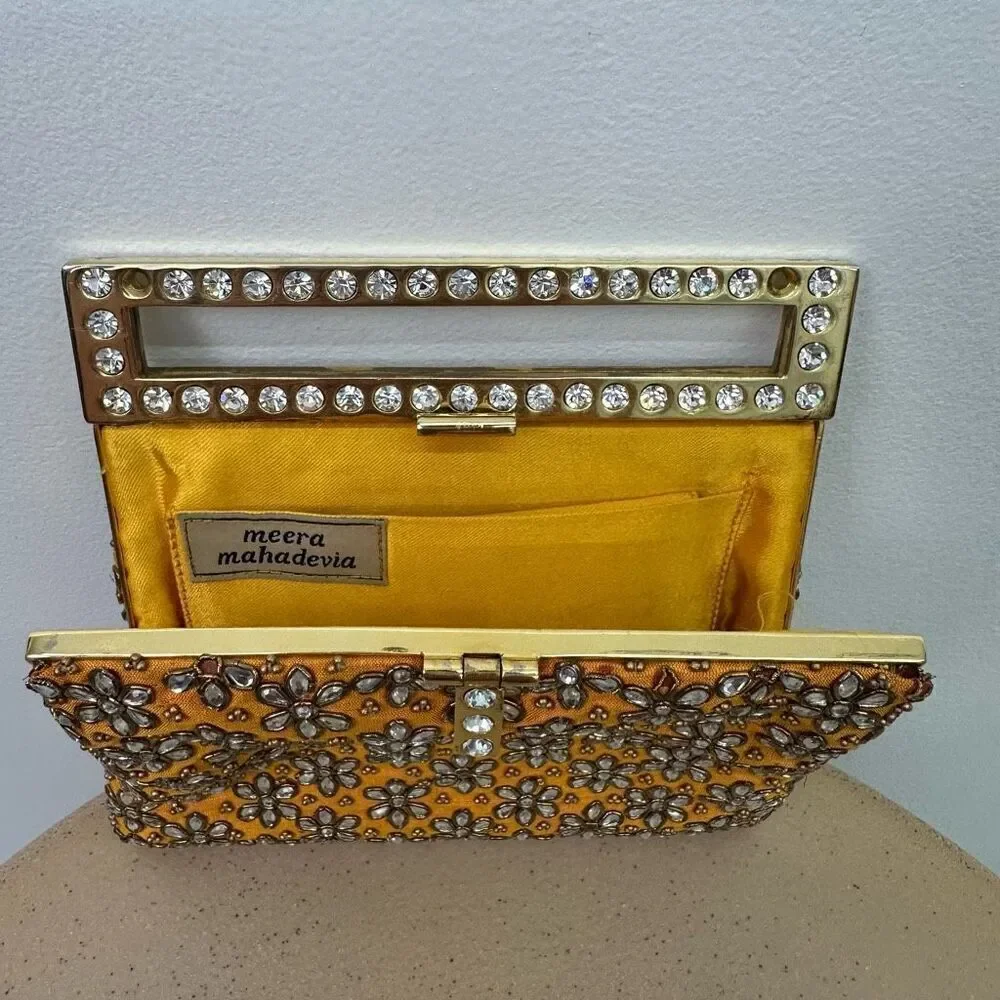 Meera Mahadevia Fully Embellished Satin Marigold Yellow Clutch Purse